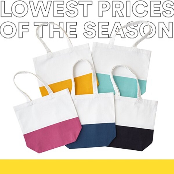 six tote bags with assorted color bottoms